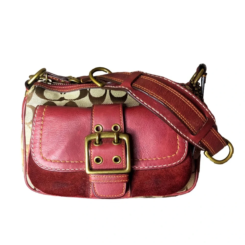 COACH Jacquard Signature C Special Edition 2004 Tan and Red Mini Shoulder Bag